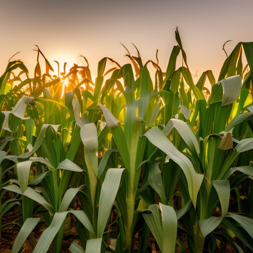 A lush maize plantation with rows of green stalks reaching towards the sky, bathed in the golden sunlight of a vibrant day.