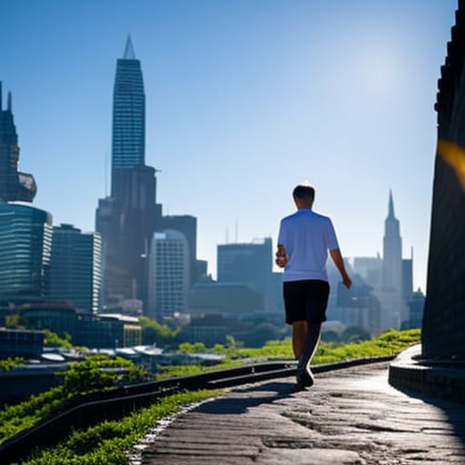 A young man walking on a path to the city