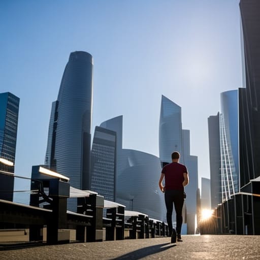 A young man walking on a path to the city