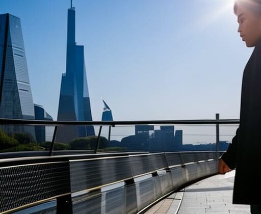 A young man walking on a path to the city