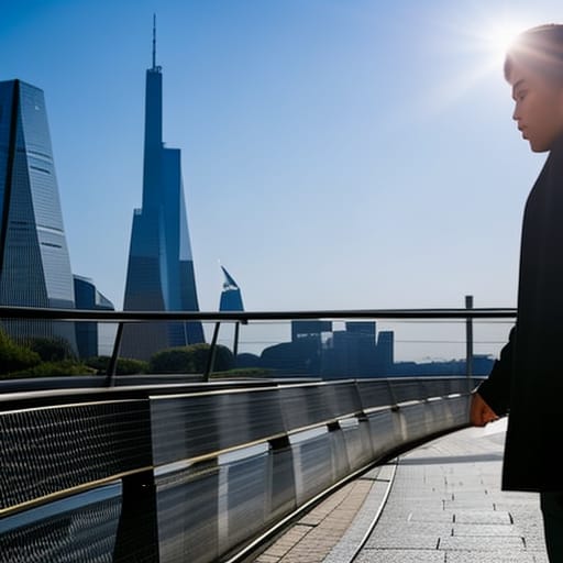 A young man walking on a path to the city