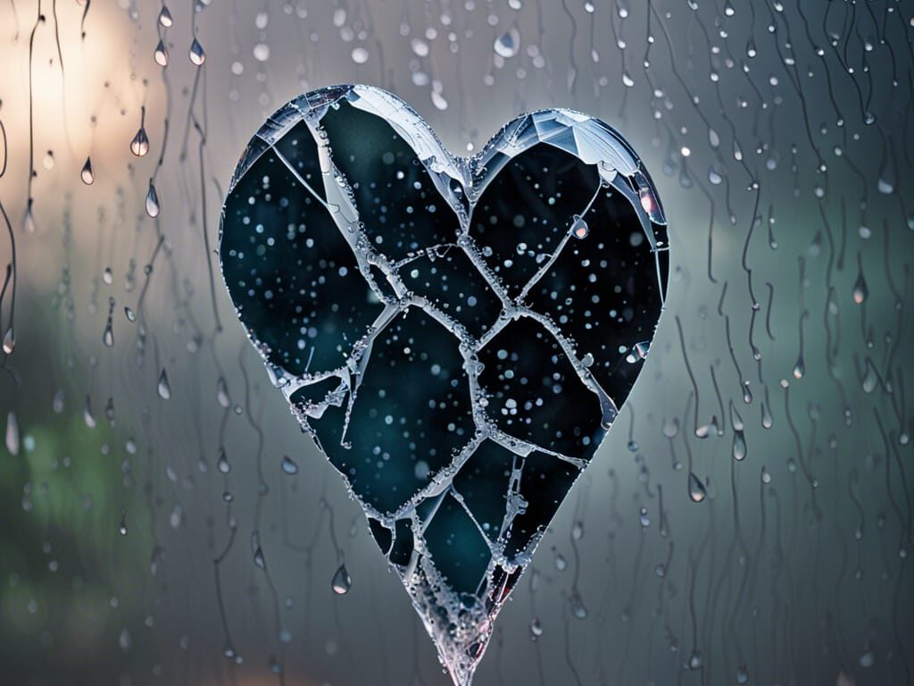 A symbolic image of a heart, shattered and seemingly beyond repair, set against a backdrop of a rain-streaked window