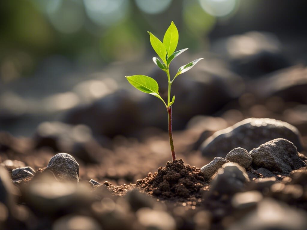 A hardy sapling sprouting from rocky soil, signifying resilience amidst adversity