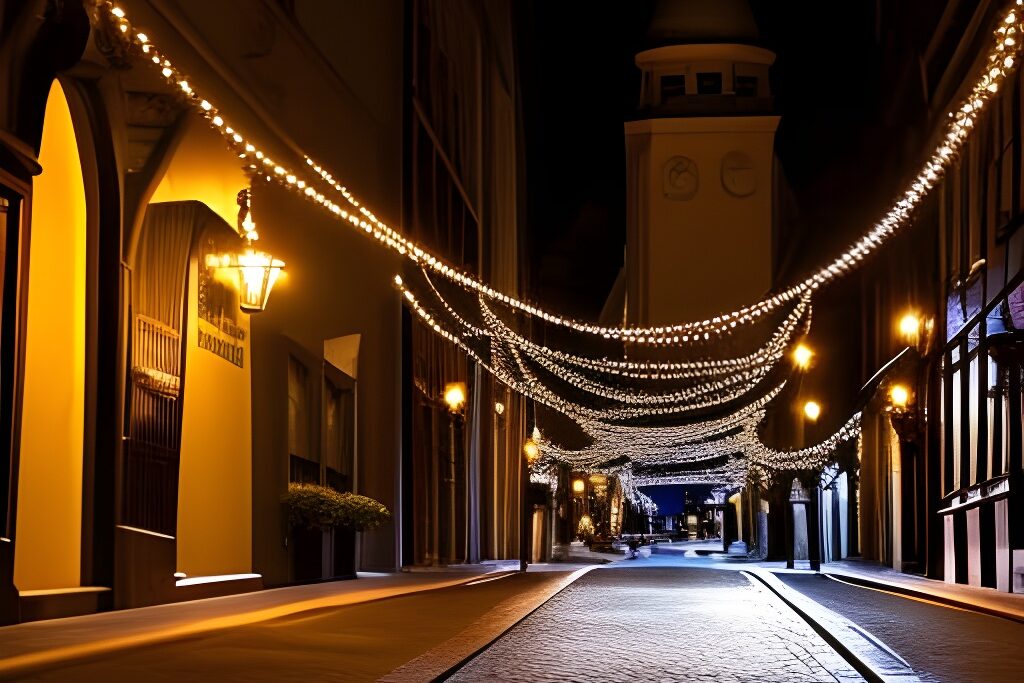 dimly lit cobblestone street adorned with twinkling fairy lights