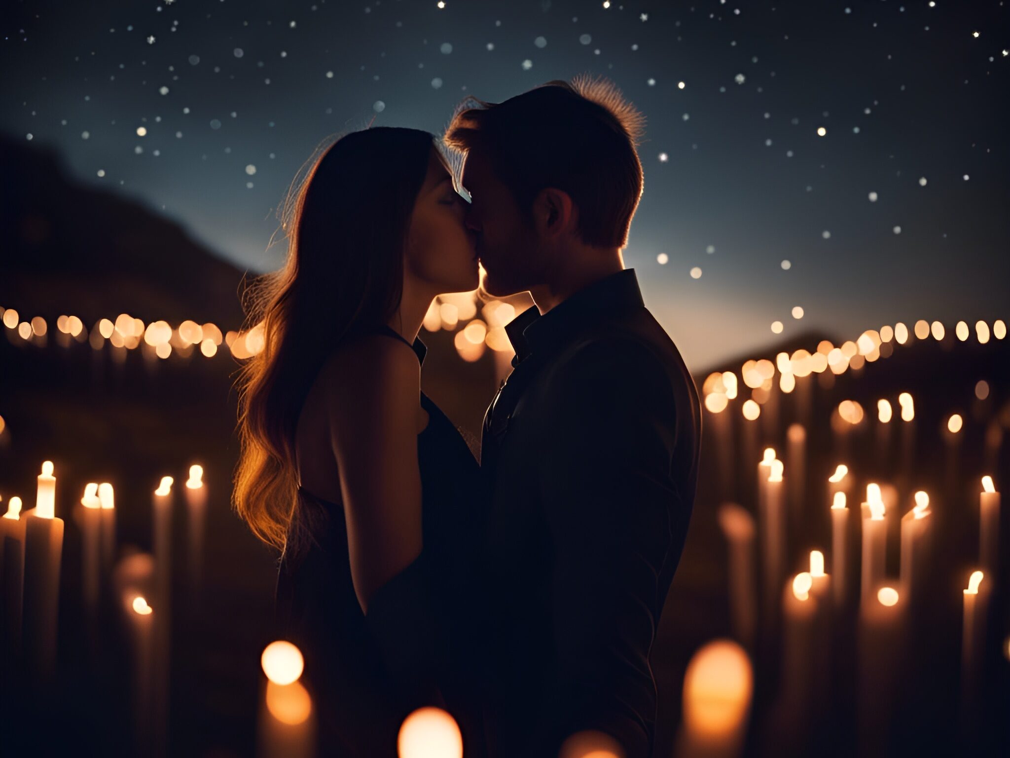 a couple sharing a tender kiss under a starry sky, surrounded by the flickering glow of candles