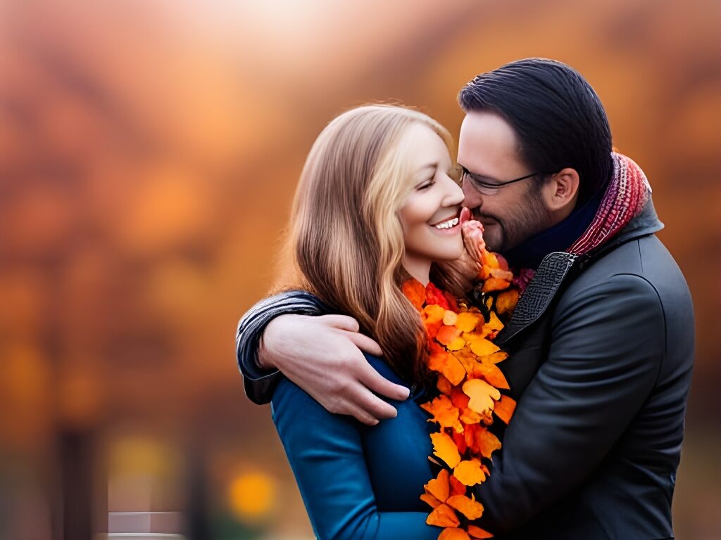 a couple embracing passionately beneath a canopy of vibrant autumn leaves