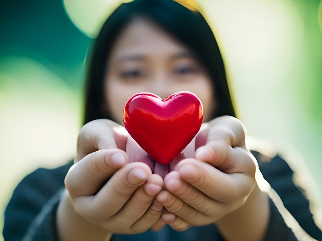 A figure holding a heart in their hands, symbolizing self-acknowledgment and self-love