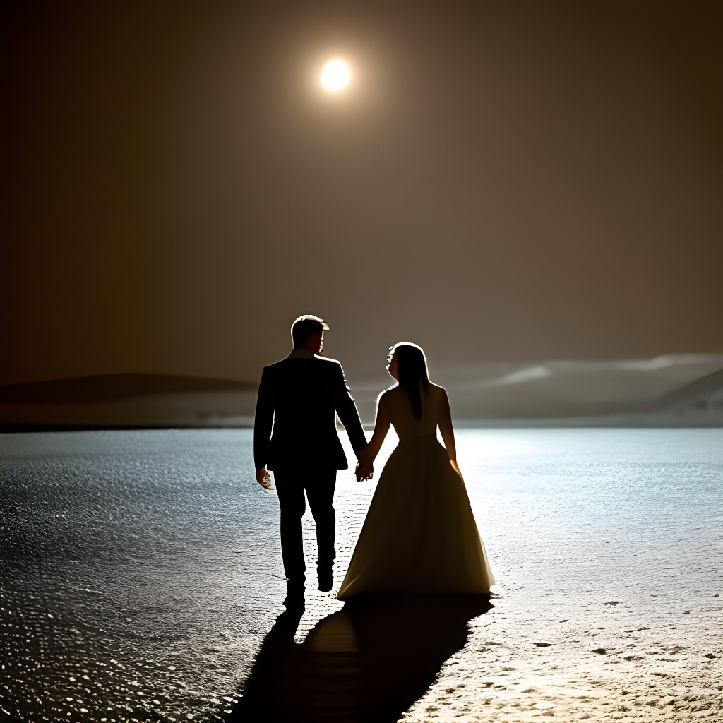 a couple strolling hand-in-hand under the moonlit sky, surrounded by a shimmering atmosphere of enchantment